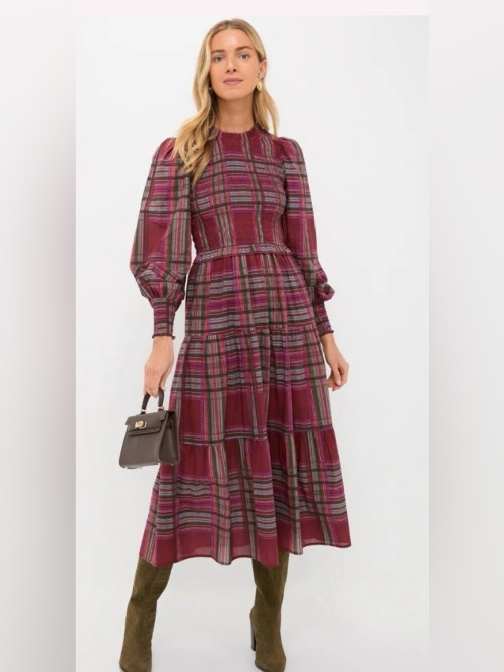 Ro's Garden Women's Ivy Plaid Maxi Dress Red Peasant Tiered XS NWT Fall Preppy